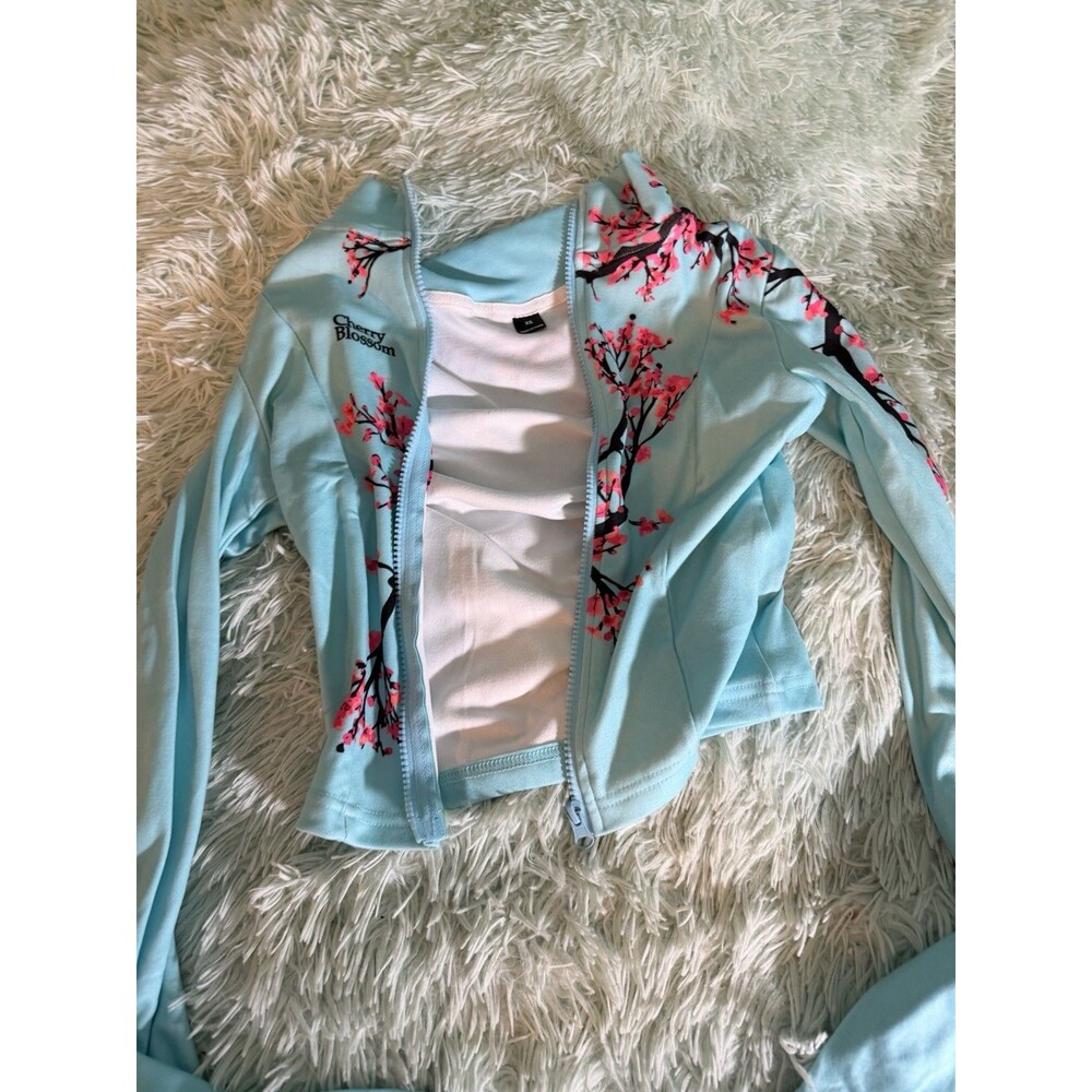 Shein Cherry Blossom Teal Zip Up Sweater Sz Xs Tight Fit New